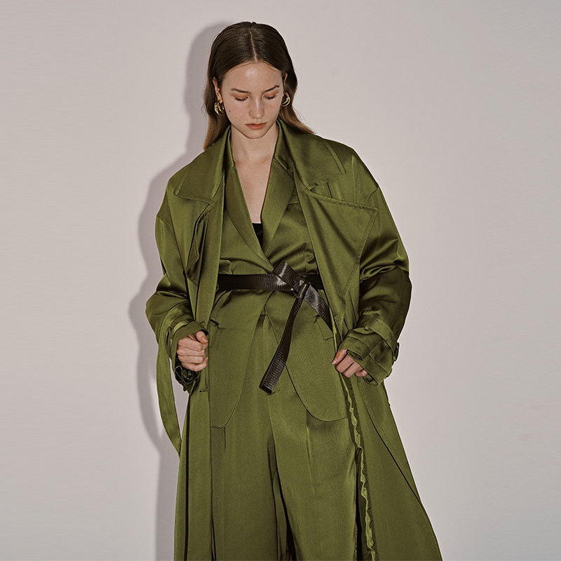 cuisuyun2秋季独立设计师橄榄绿结构设计宽松廓形长款风衣风衣