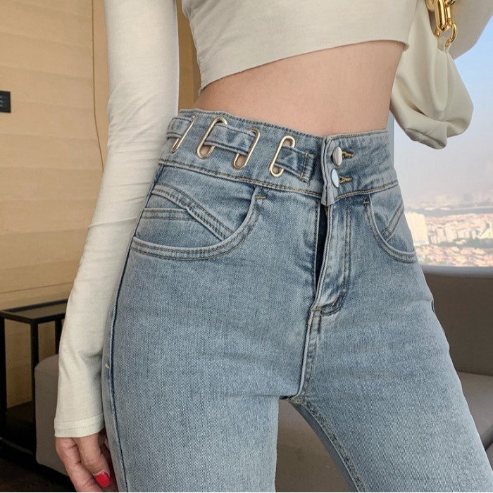 加绒秋2021年新款设计感显瘦高腰蓝色牛仔裤女紧身小脚裤炸街裤子