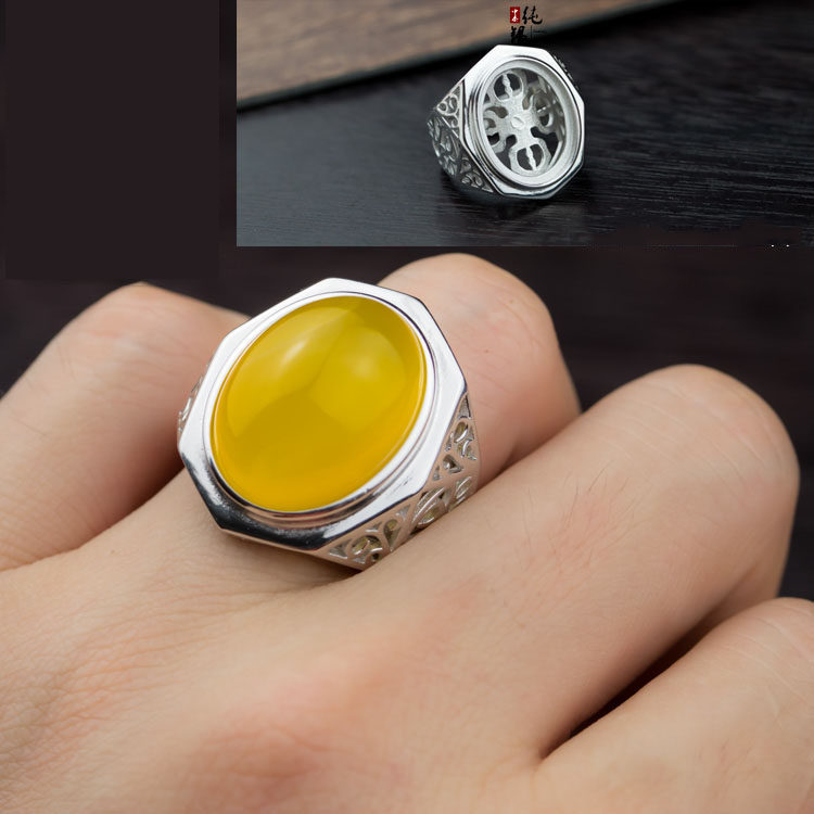 男款银托大气银饰戒面翡翠南红绿松托空戒指戒指