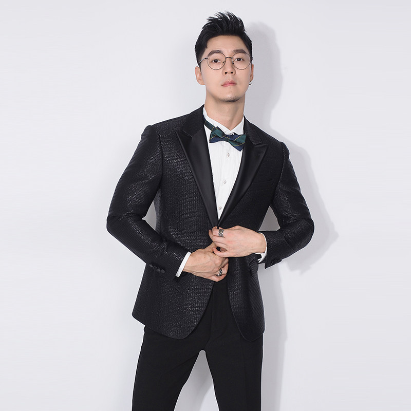 川泽男士单排宴会西装外套新款韩版修身撞色西服