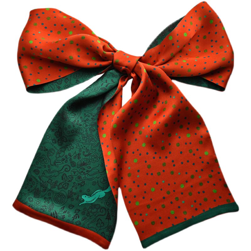 复古红绿小松鼠真丝飘带桑蚕蚕丝丝巾长条丝带围巾