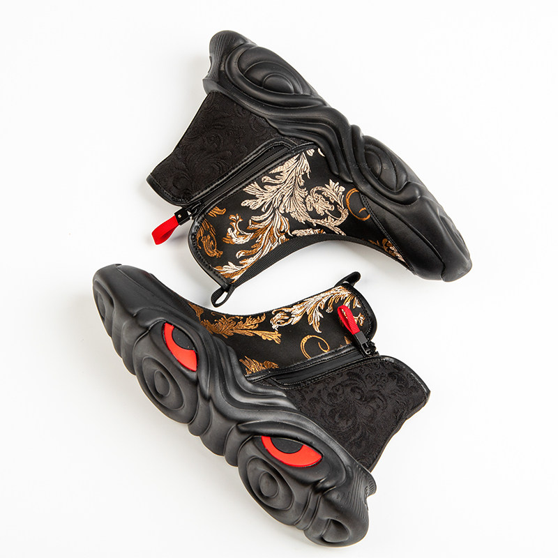 复古装中式刺绣官靴中国风运动休闲鞋国潮牌厚底高帮鞋子男中筒靴