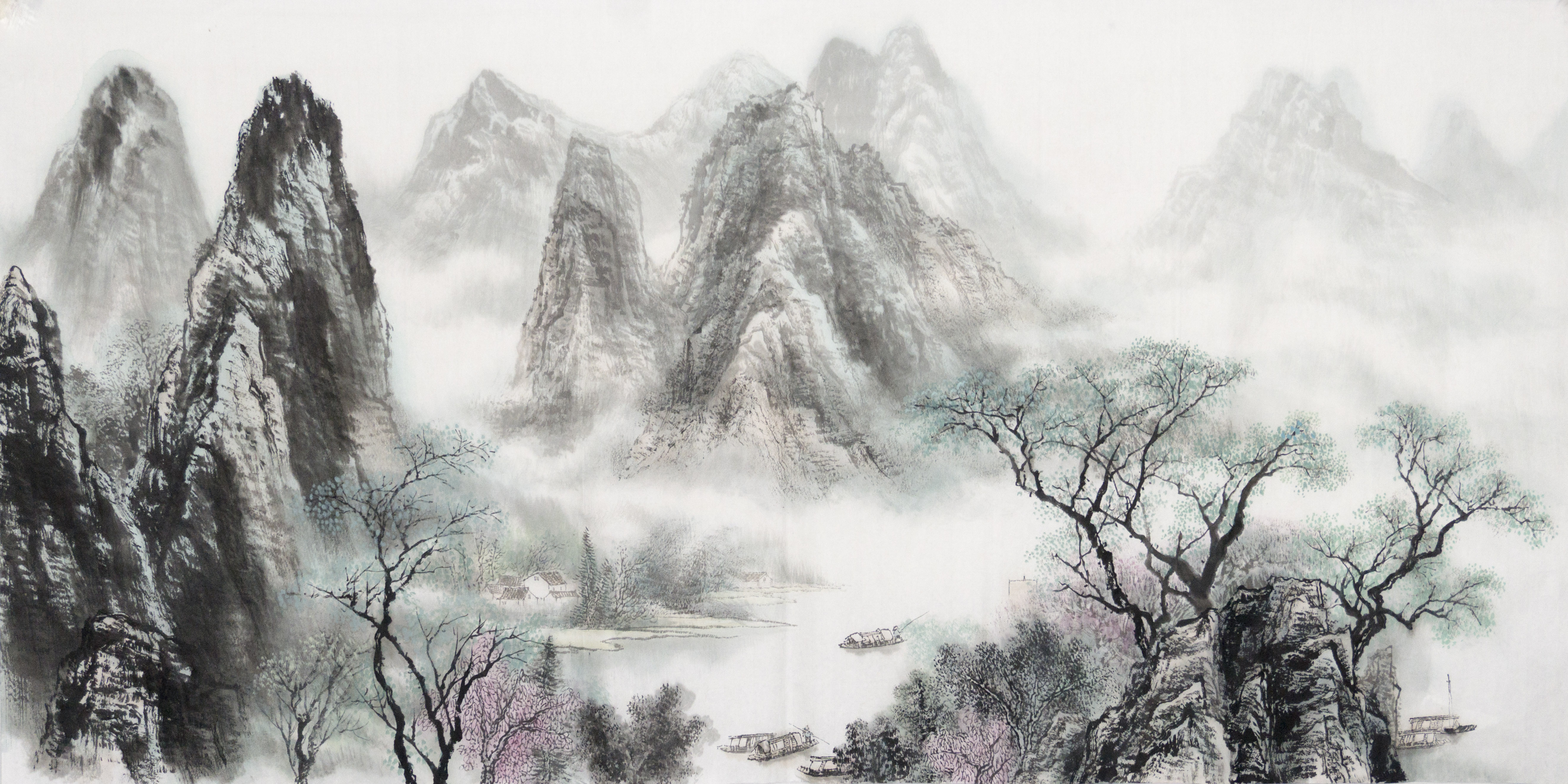 古月轩普快挂画装饰山水淡彩四尺手绘国画包邮国画