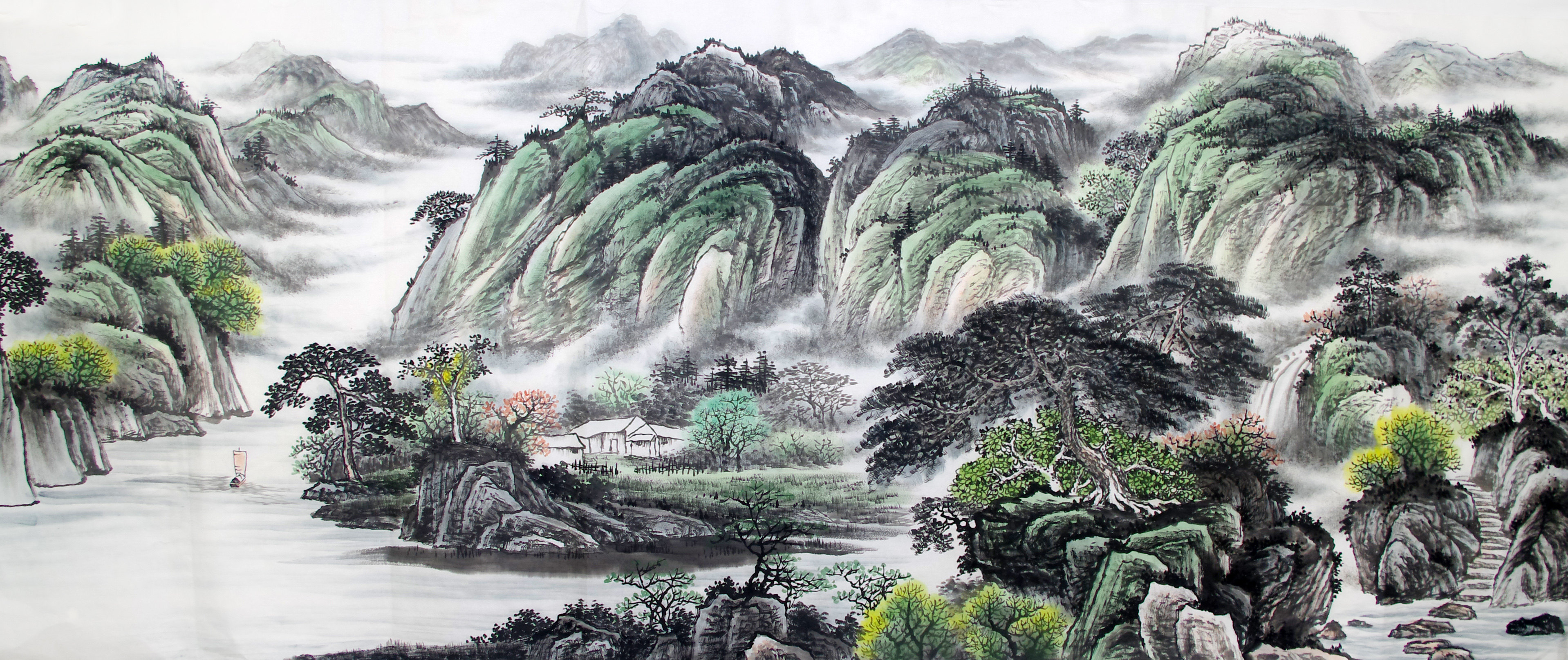 古月轩八尺风水装饰客厅山水源远流长淡彩国画手绘国画