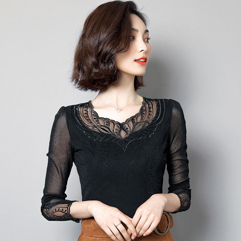 低领蕾丝打底衫女秋冬百搭镂空亮丝恤小修身t恤