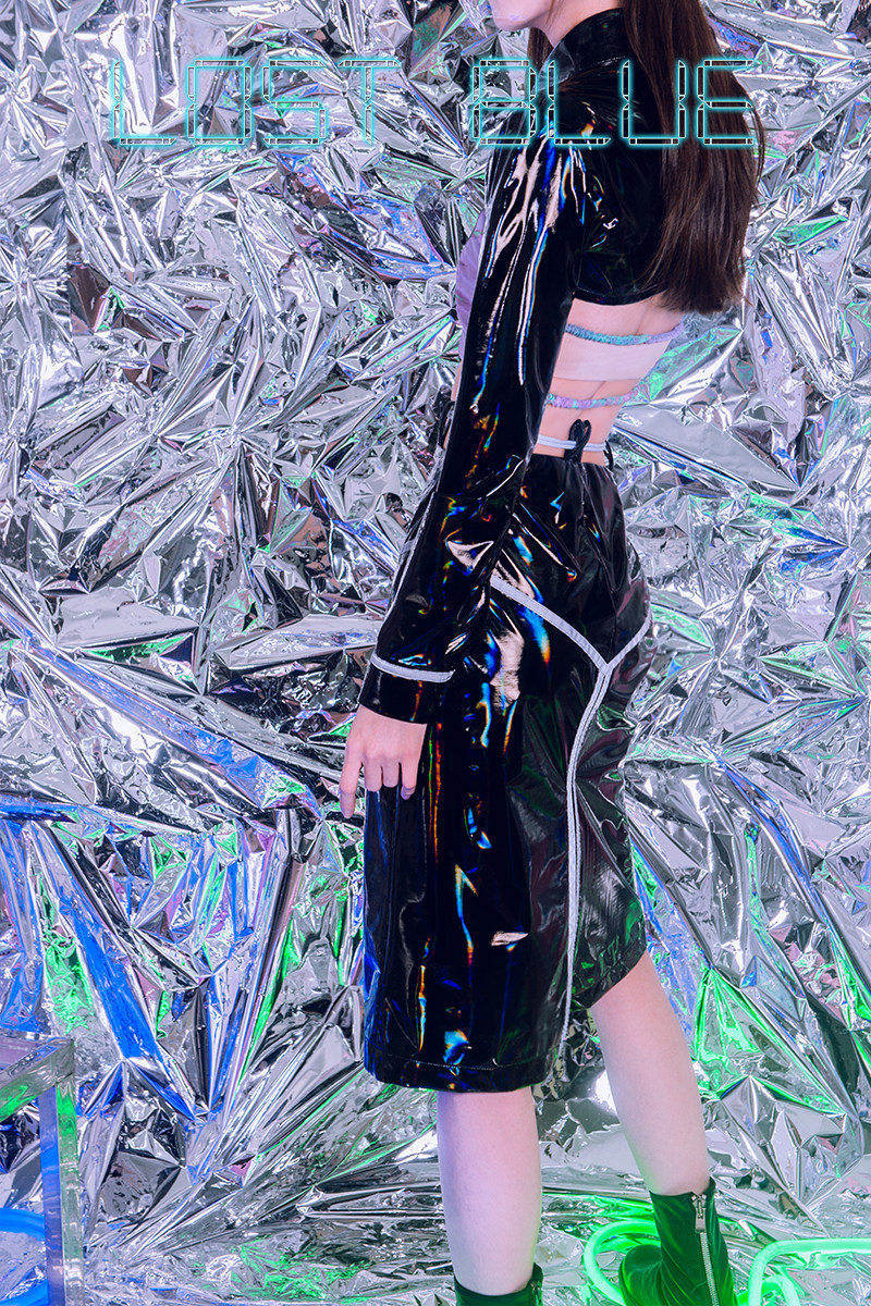 lostblue2021原创赛博朋克黑色幻彩反光高腰pu半身裙