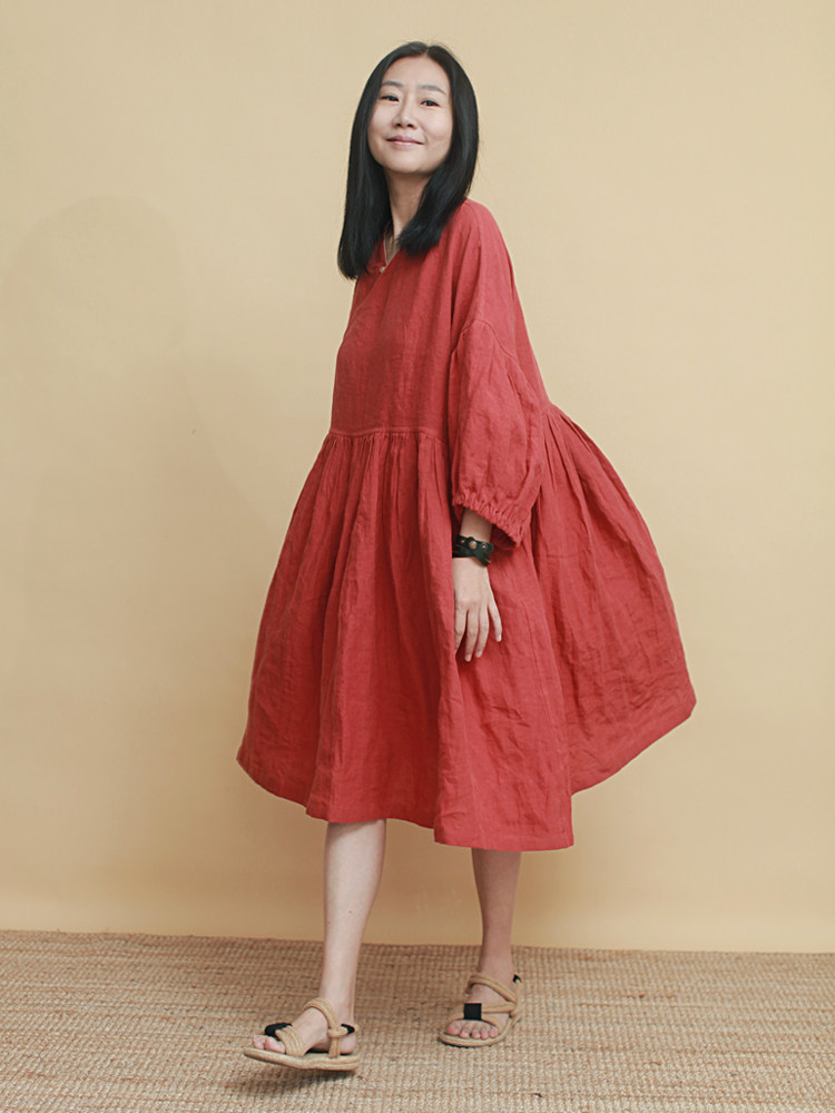 姜欢设计减龄感砖红色纯麻公主宽松中长连衣裙连衣裙