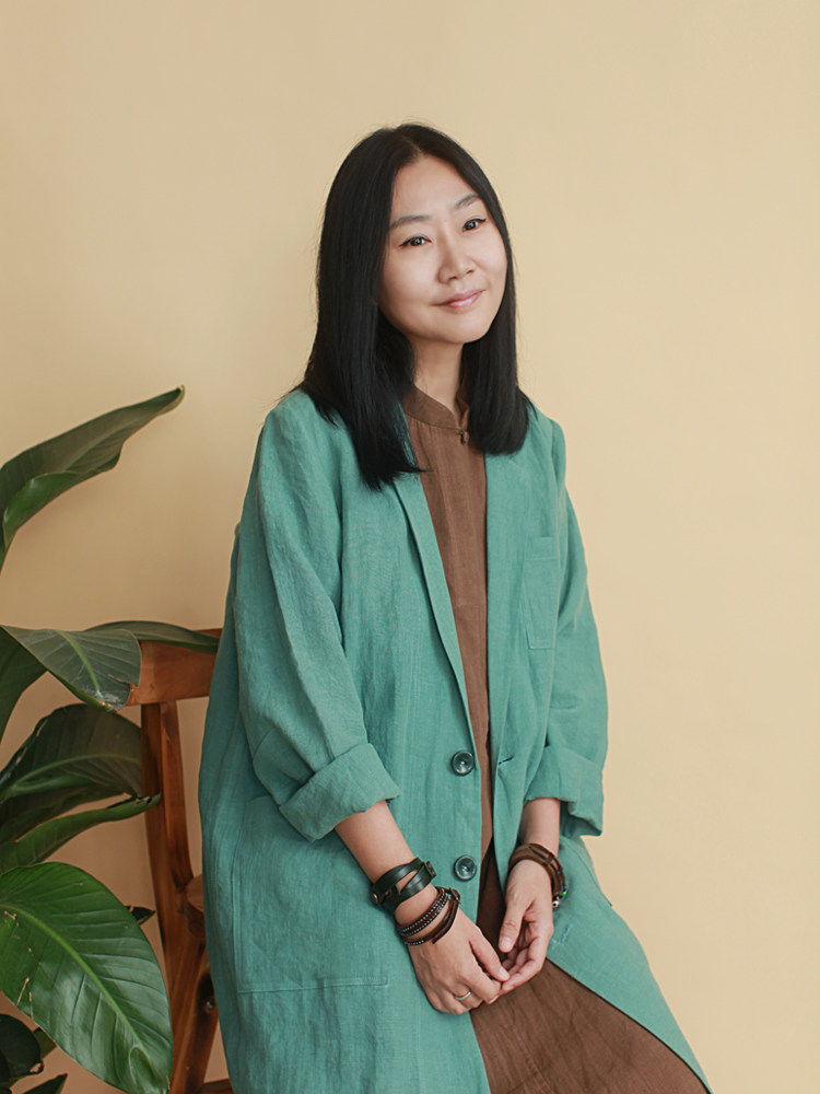 姜欢设计文艺范儿春夏亚麻经典宽松版型长款西装