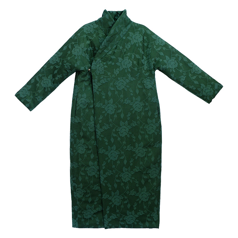 姜欢设计绿色提花亚麻斜襟夹棉长款棉袍棉衣