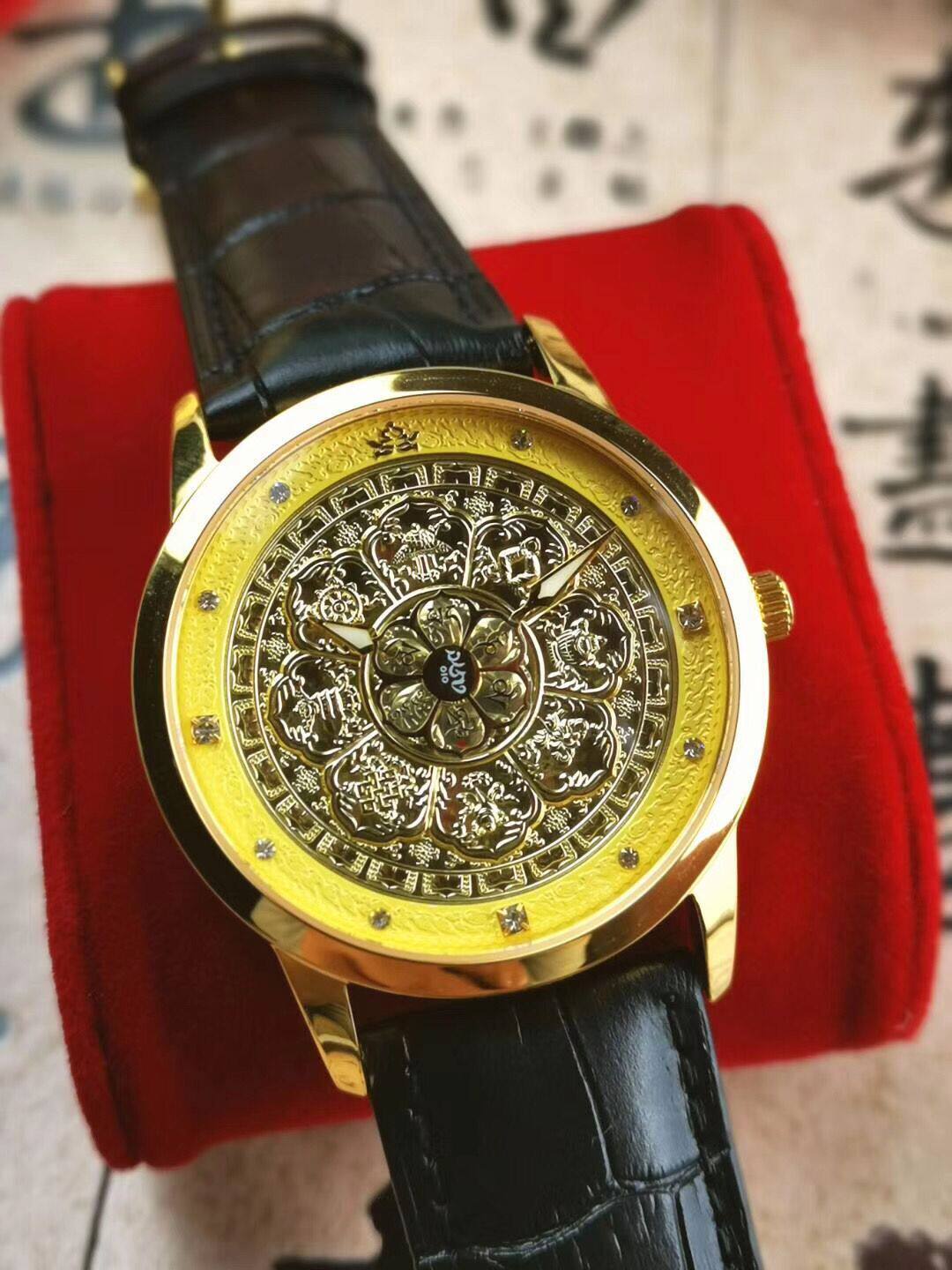 吉祥八宝佛表表盘配六字大明咒表底刻楞严咒经文男士转经佛教手表