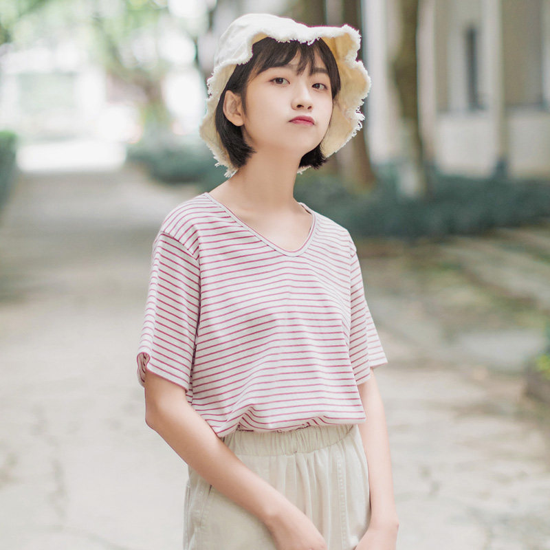 角舍学生新韩小清文艺恤女短袖2022条纹棉条t恤