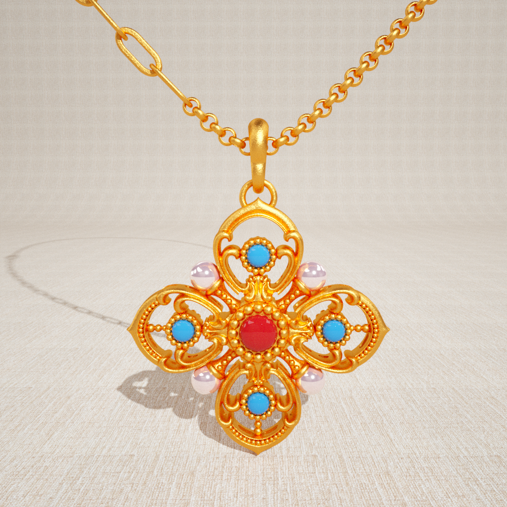 古典饰女坠颈锁骨吊坠黄金风格波斯唐韵方珠玉颈饰