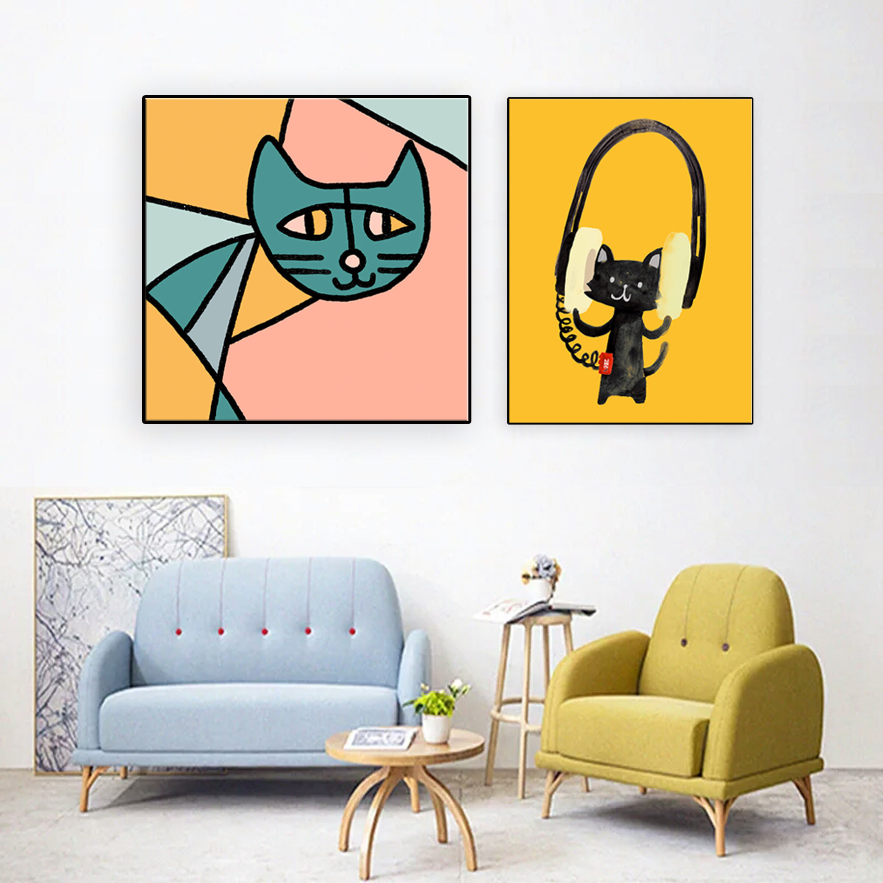 北欧现代小清新日水彩抓鱼猫咪发财猫儿童装饰画现代装饰画