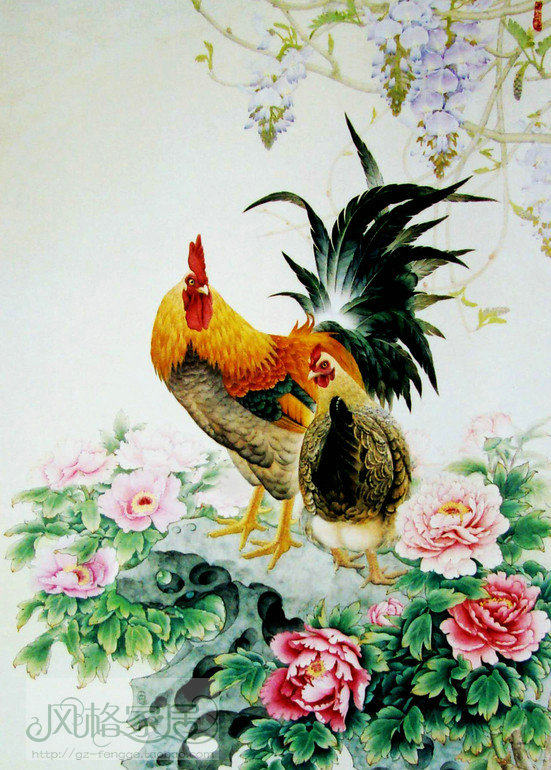 客厅 玄关风水墙画 国画公鸡装饰画 背景墙壁画 金鸡报喜无框画