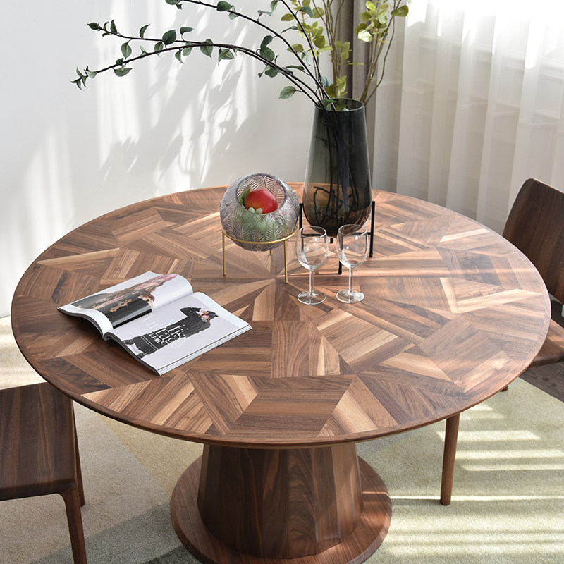 vima青花北欧现代轻奢奢风胡桃木实木拼花台面餐桌