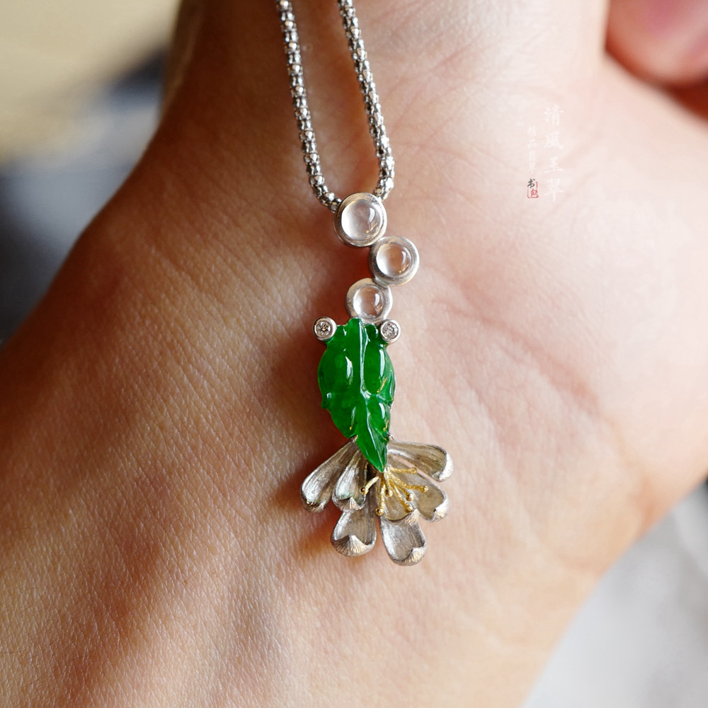 项坠清风玉翠18k金镶钻镶钻阳绿金鱼翡翠吊坠颈饰