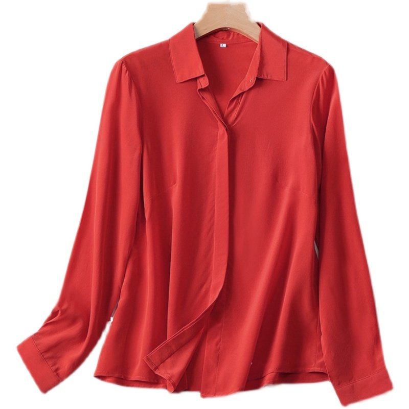 真丝双绉西红衬衫女桑蚕丝小衫时尚洋气长袖衬衫