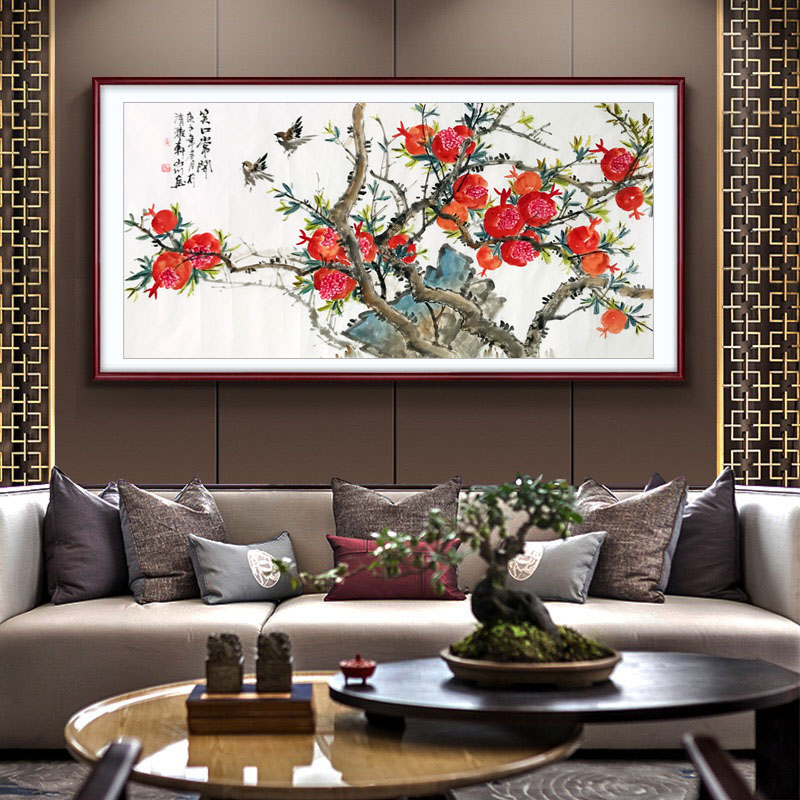 国画手绘真迹石榴水墨画横幅花鸟风水客厅装饰国画
