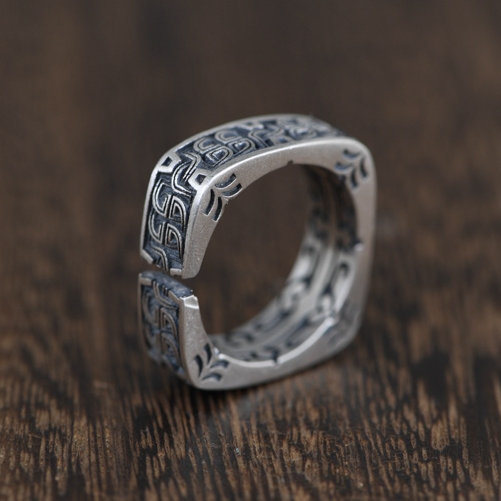 古银s925纯银复古泰银工艺戒指开口女款花纹戒指