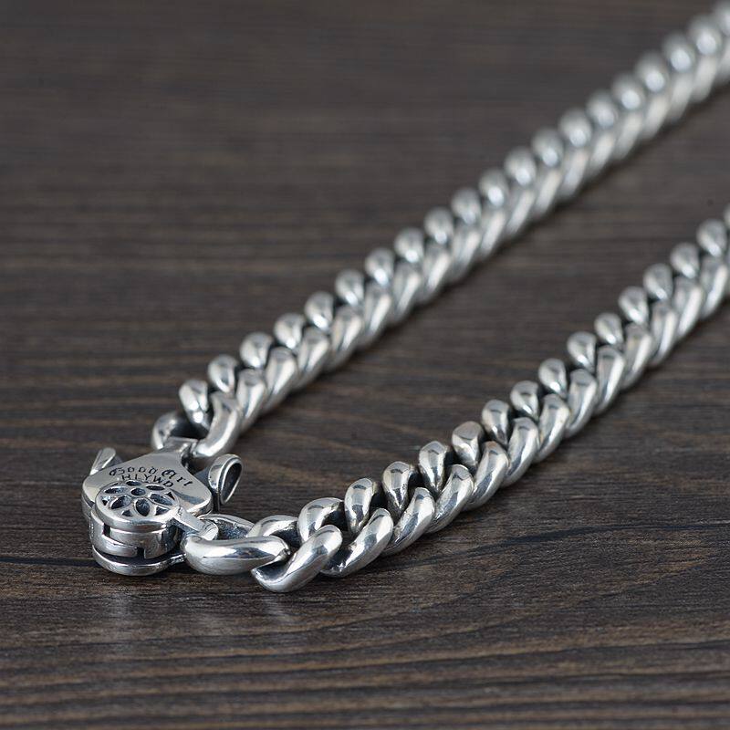 古银s925纯银复古工艺项链男款银饰扁圆形坦克项链