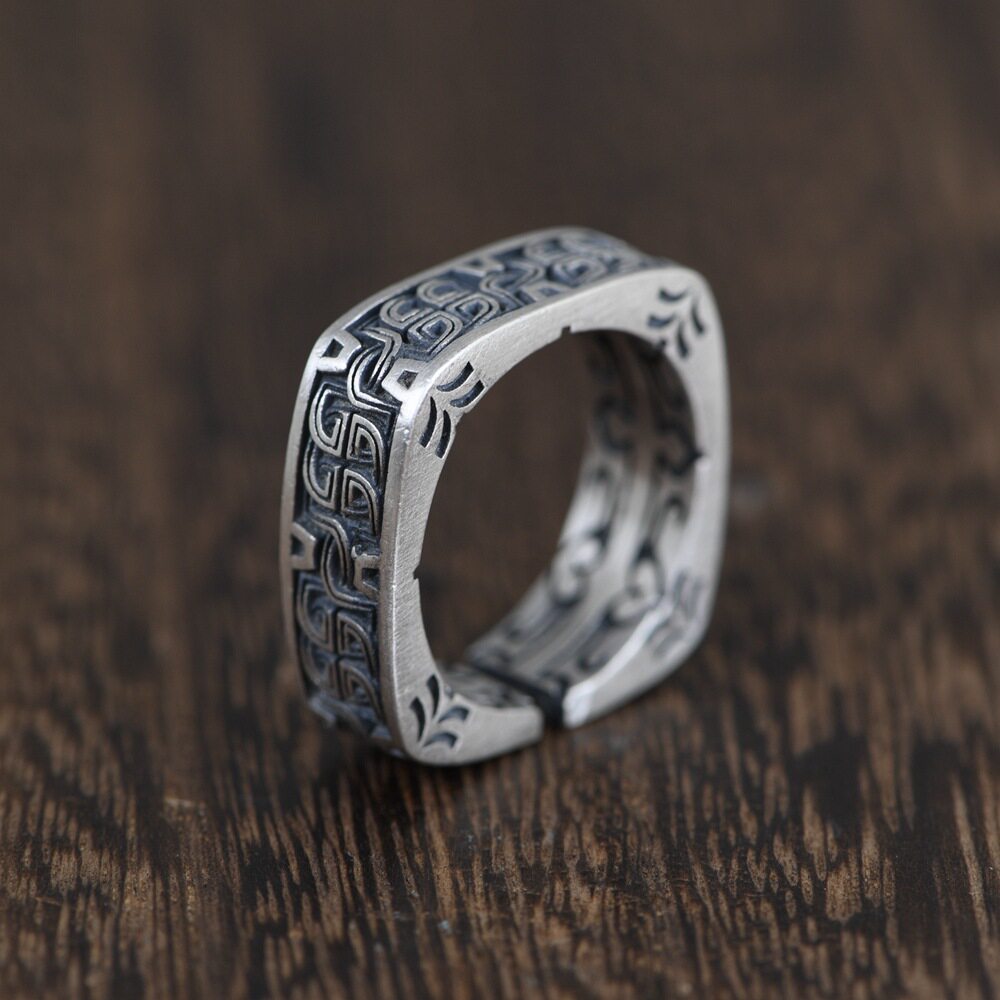 古银s925纯银复古泰银工艺戒指开口女款花纹戒指