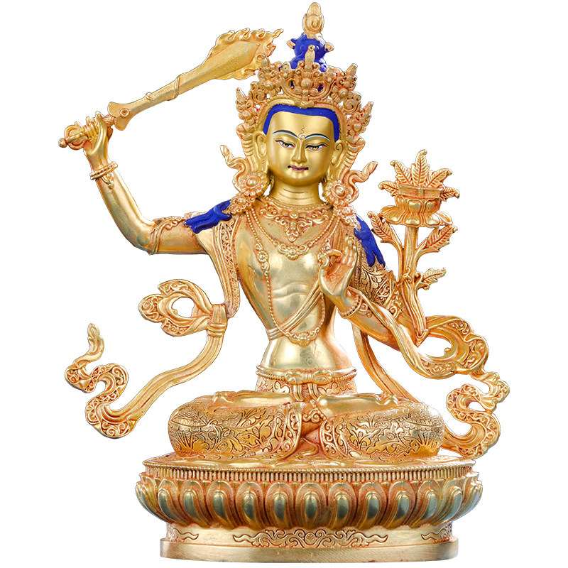 佛像文殊普密宗纯铜鎏金居家供奉7寸文殊师利文摆件