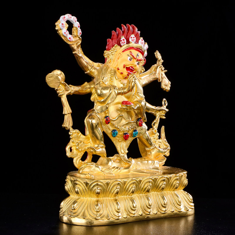 佛像六臂玛哈嘎拉藏传佛教用品纯铜全鎏金供护7寸装饰摆件