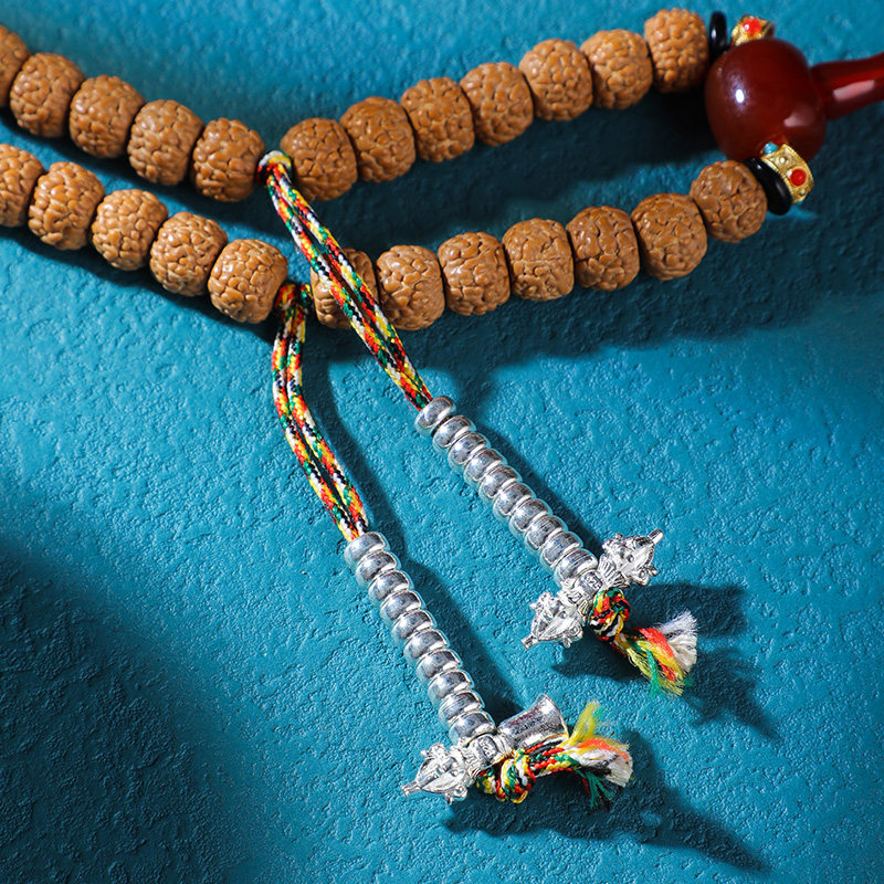 金刚菩提佛珠手串藏传密宗金刚菩提子念珠配饰纯银金刚杵佛珠手串