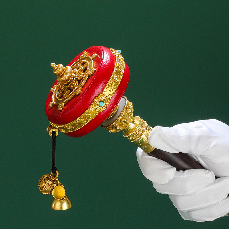西藏纯铜手摇藏传佛教用品手动转经筒皮革家用观音摆件