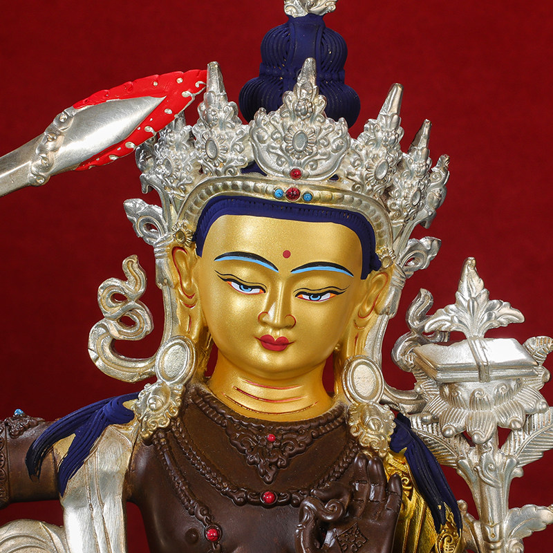 菩萨文殊佛像摆件纯铜古色金银密宗10寸双座摆件