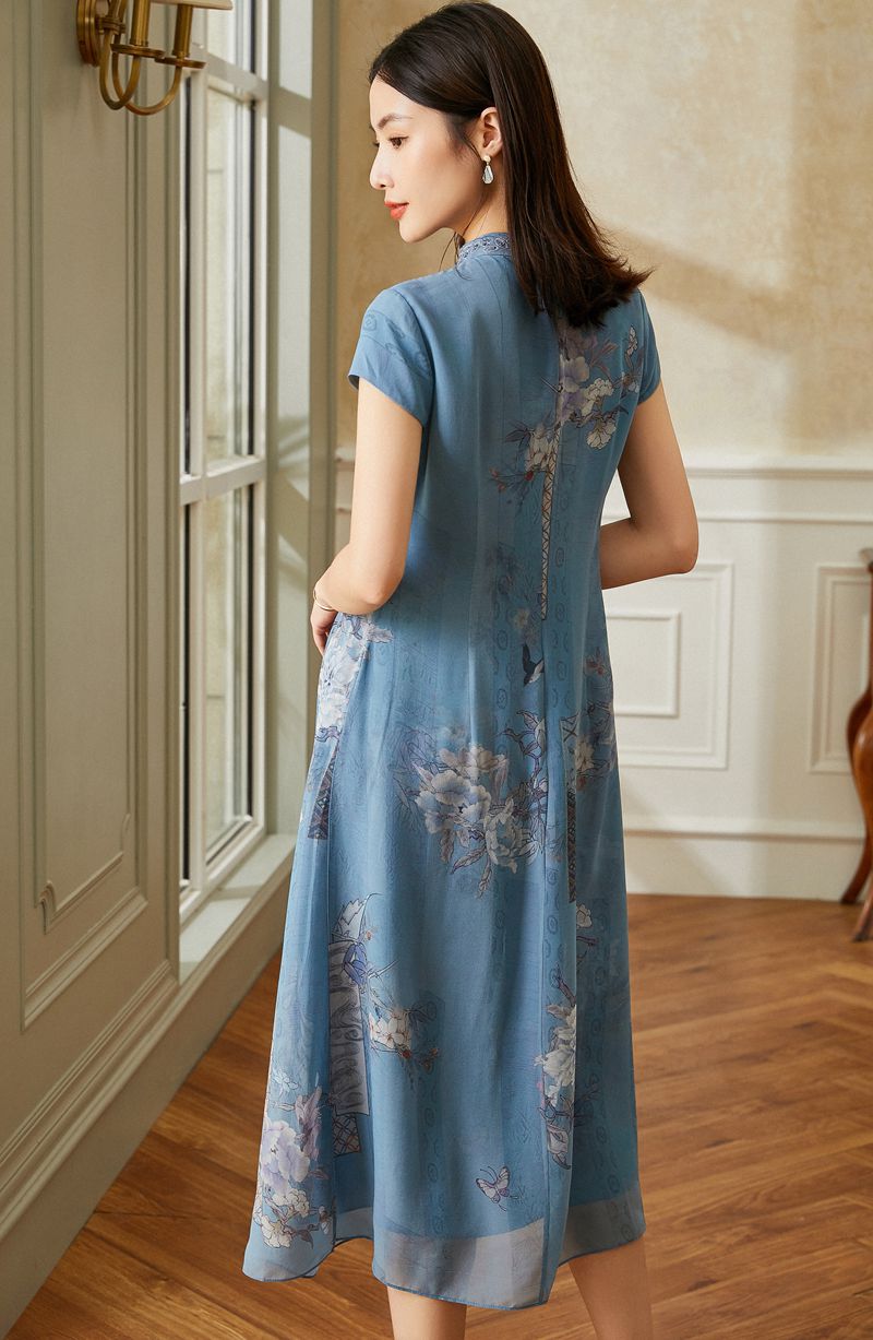 2020古典旗袍领长款飘逸双层真丝下摆桑蚕蚕丝连衣裙