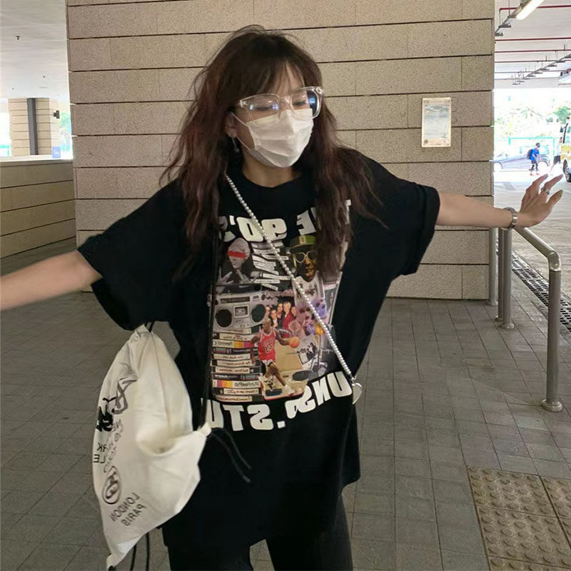 国潮hiphop美式复古短袖t恤女夏季宽松ins原宿风chic港味半袖上衣