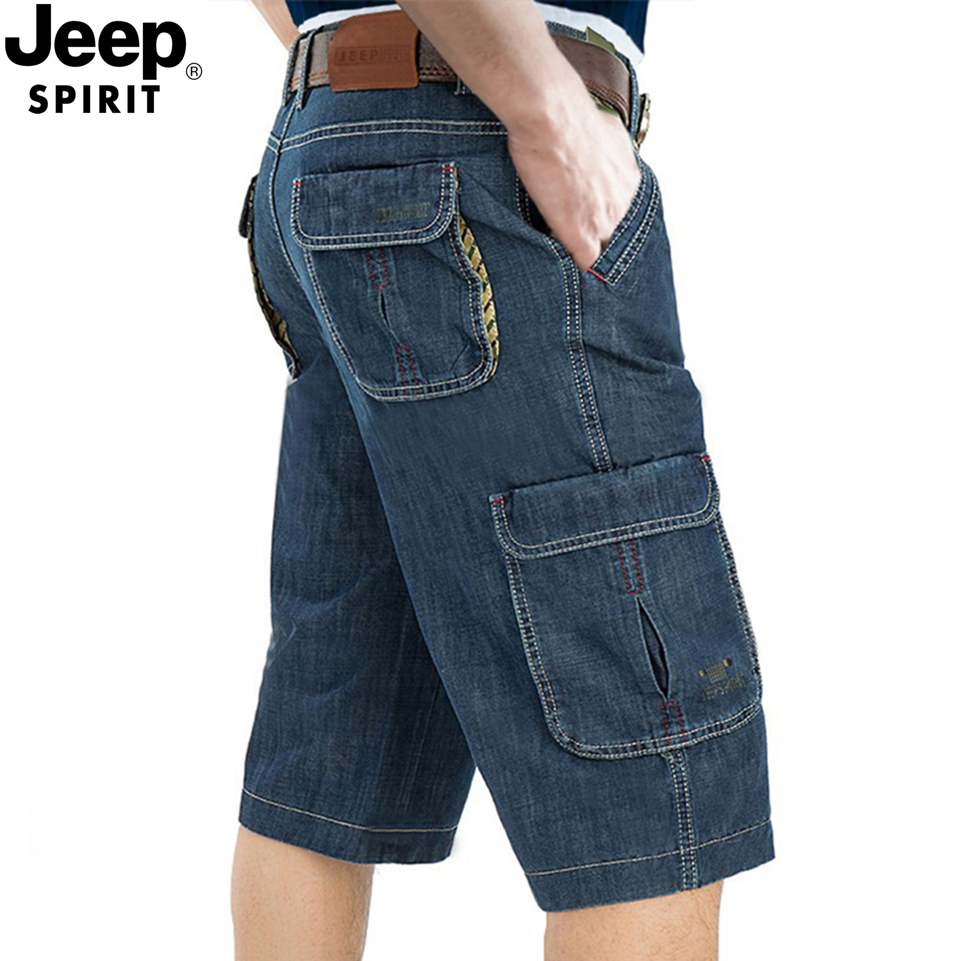 JEEP正品牛仔多袋短裤夏季男士七分裤吉普薄款宽松大码多口袋中裤