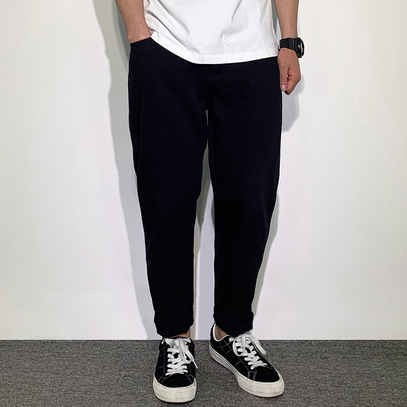 HEY MAN日系复古宽松百搭黑色长裤子 纯棉小脚裤厚牛仔裤工装裤男