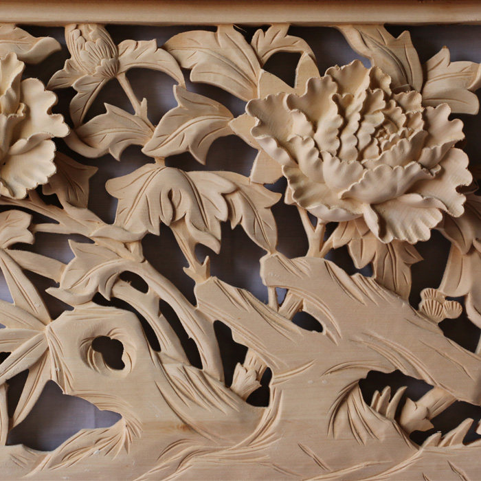 东阳木雕横屏挂件中式客厅背景墙装修牡丹牡丹花木雕