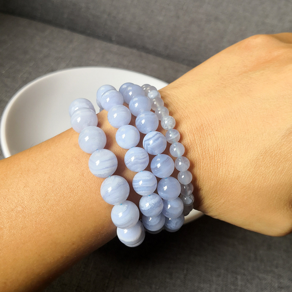 蓝纹玛瑙手链夏日好伴侣蓝色水晶天然石手串玉髓闺蜜手链