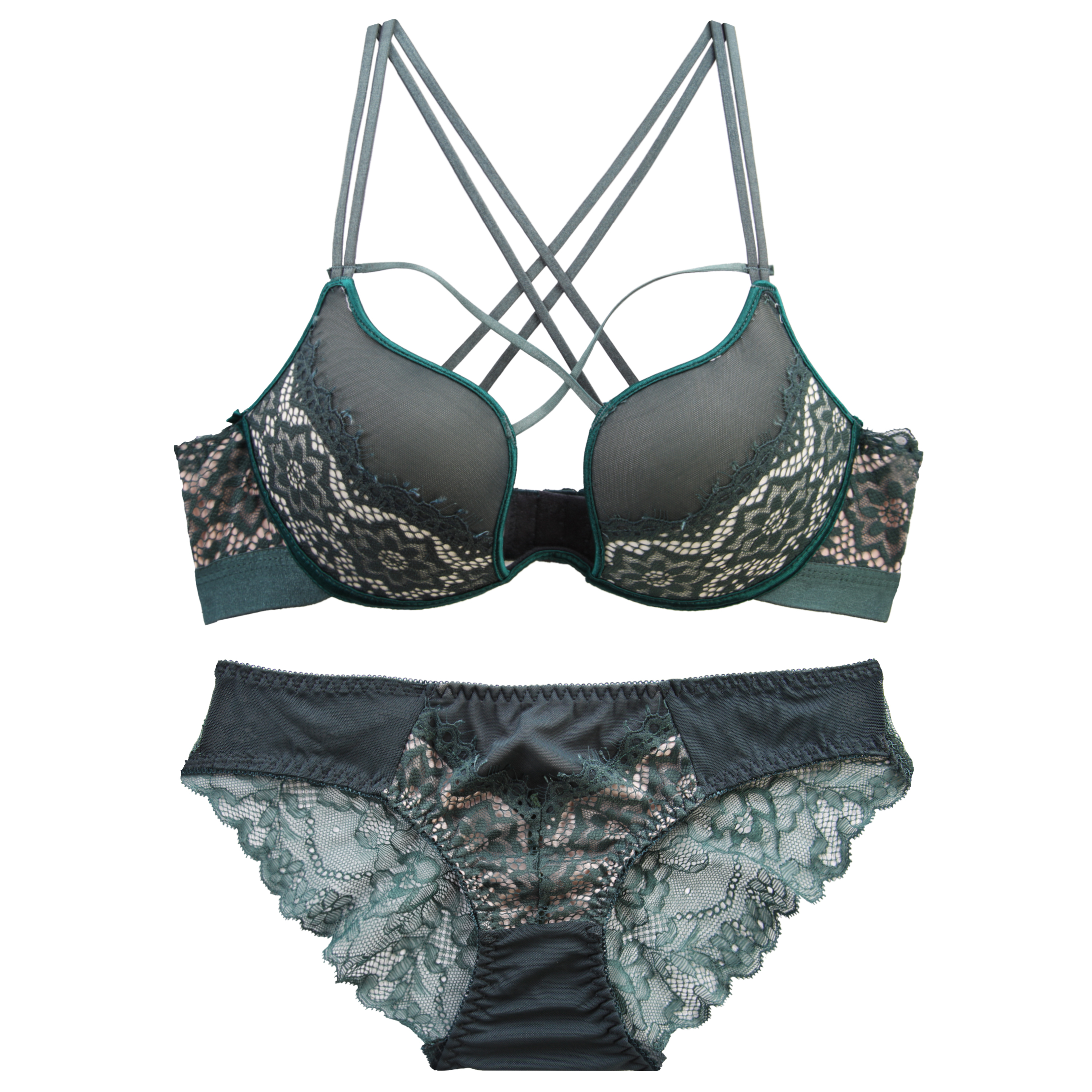 芒果性感蕾丝文胸墨绿色交叉美背聚拢小胸上托文胸