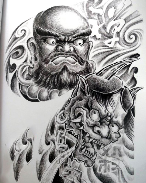 黑白实用半胛佛头狼龙老虎纹身手稿图片图案素材资料新传统线稿