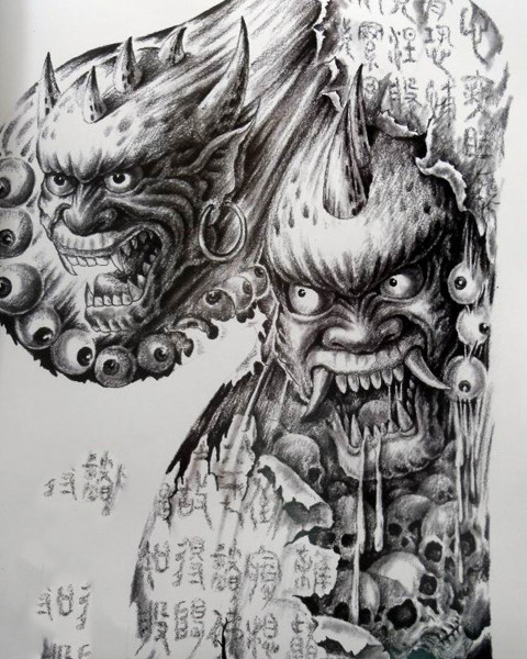 黑白实用半胛佛头狼龙老虎纹身手稿图片图案素材资料新传统线稿