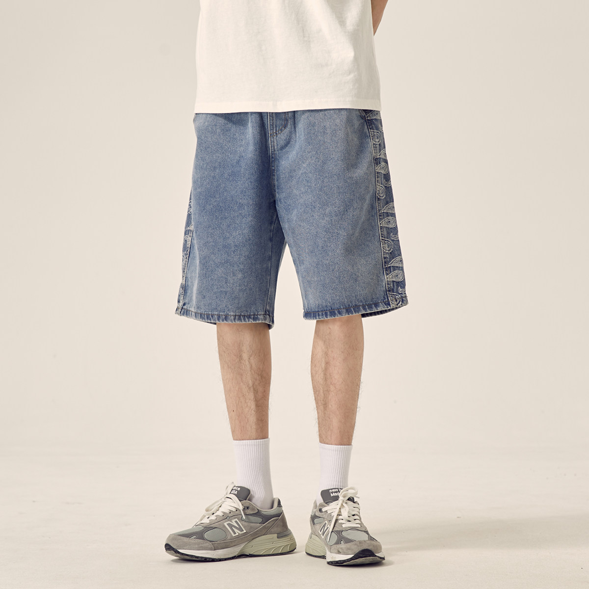 男道2021年夏季新薄款侧边压花牛仔短裤宽松五分牛仔裤