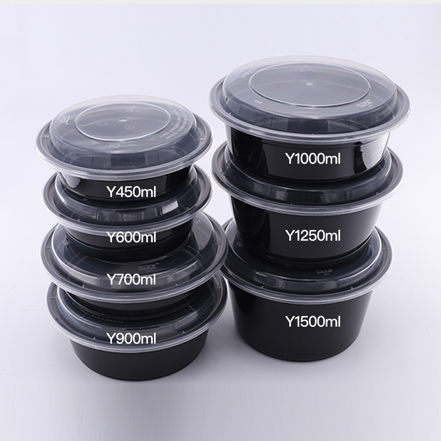 y450/700/900美式圆形一次性餐盒黑色乳白外卖打包盒凸盖饭盒整箱