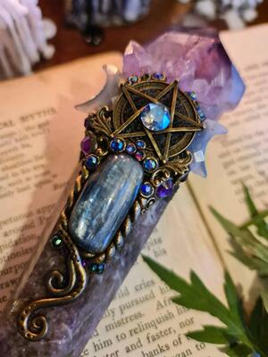 海外代购seer◇手作先知巫婆锂云母生紫水晶簇蓝晶石玛瑙新月魔杖_双