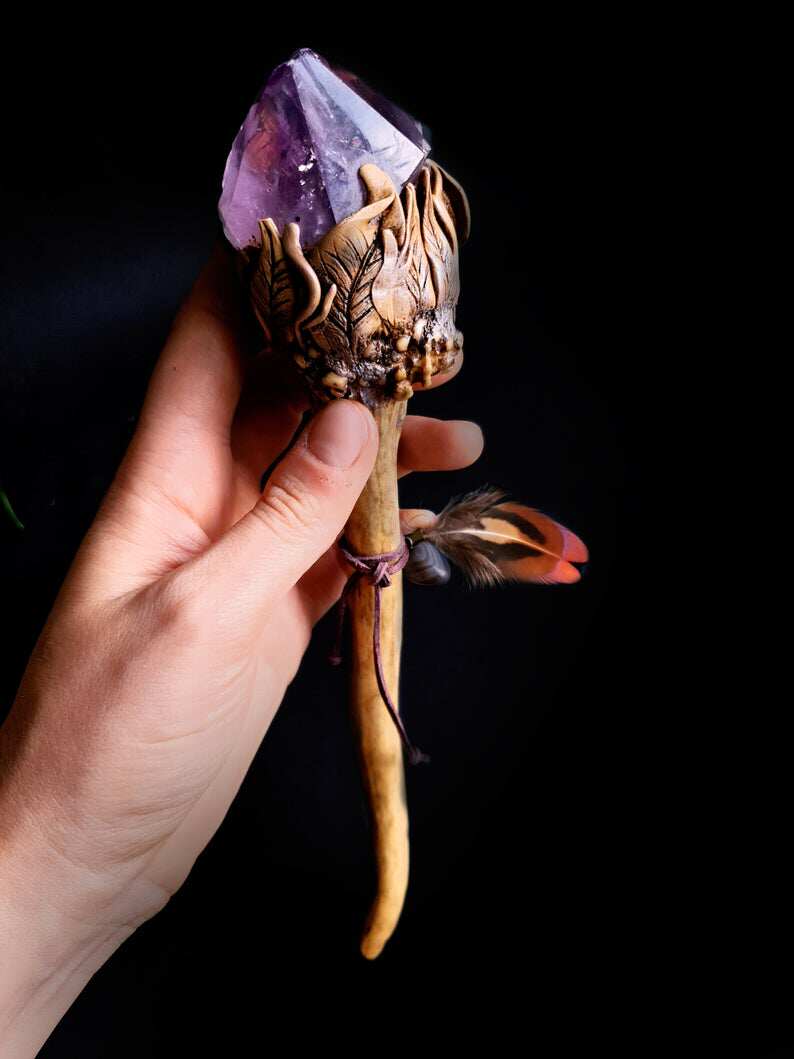 匈牙利代购amethyst手作复古紫水晶玛瑙羽毛权杖魔杖其它
