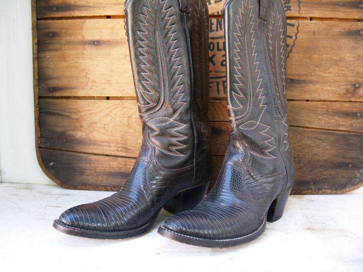 美国代购western古着简约精致黑色蜥蜴皮纹西部牛仔时装靴