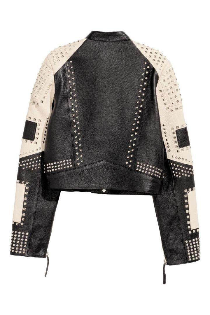 海外代购studded手作朋克风格黑白拼色时尚铆钉皮衣