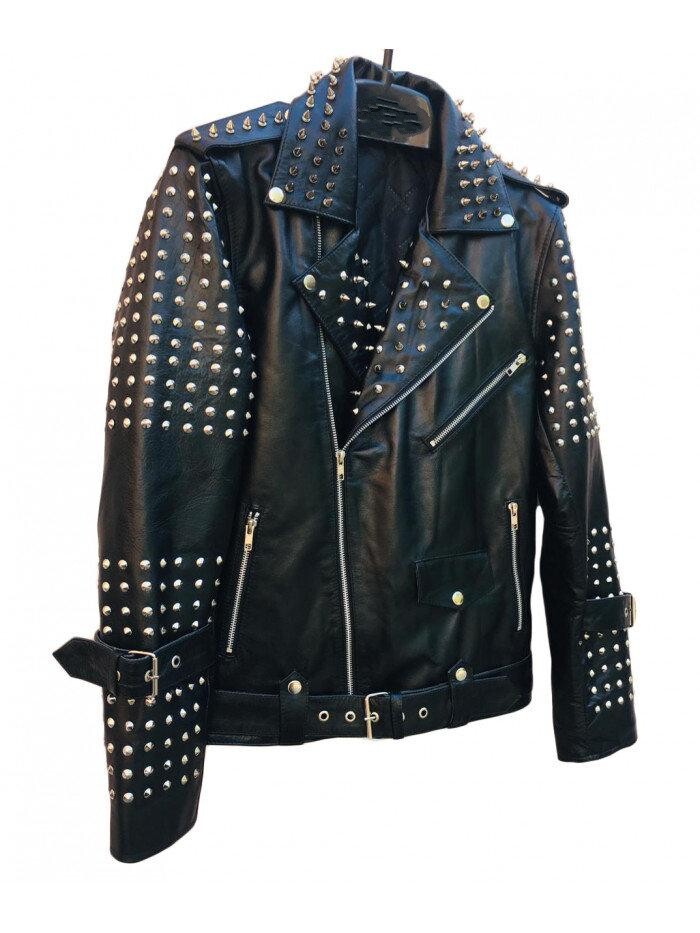 海外代购studded手作朋克风格男士黑色真皮铆钉皮衣