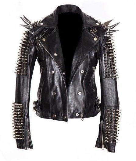 海外代购studded手作朋克风格男士银色铆钉尖刺皮衣