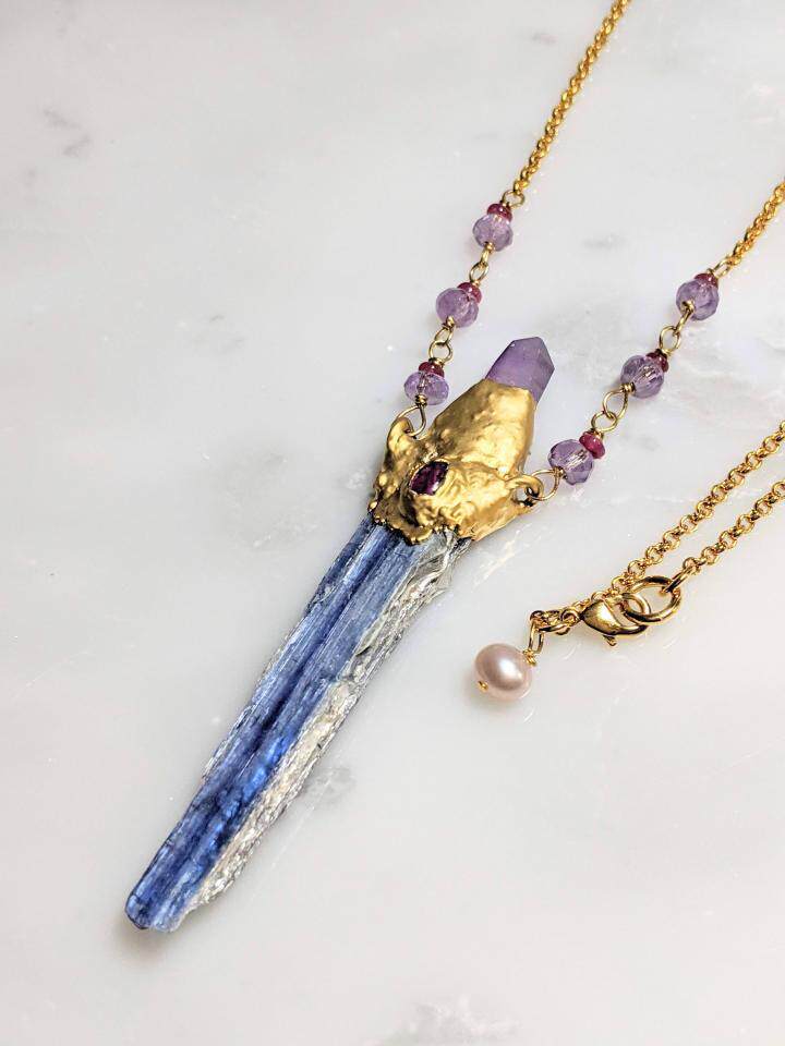 海外代购necklace手作华丽紫水晶蓝色渐变蓝晶石魔杖项链定制