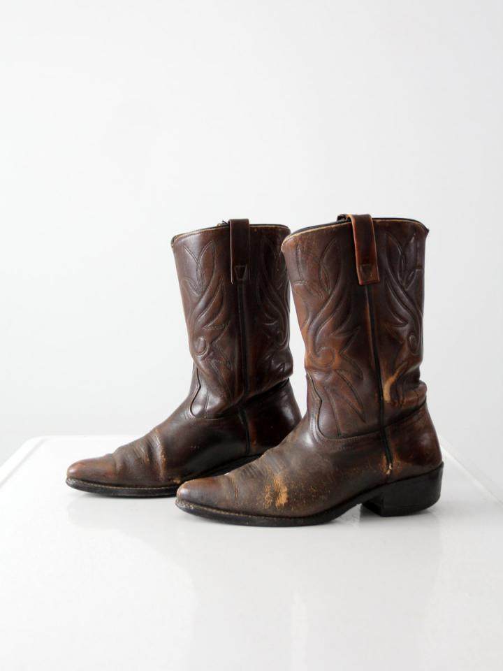 western美国代购古着70年代西部牛仔深棕色皮革us8.5靴子时装靴