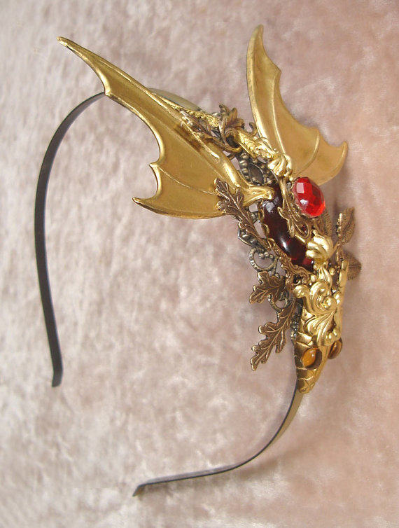 法国代购dragon㊣手作华丽哥特式黄铜翅膀金叶红宝石飞龙头带